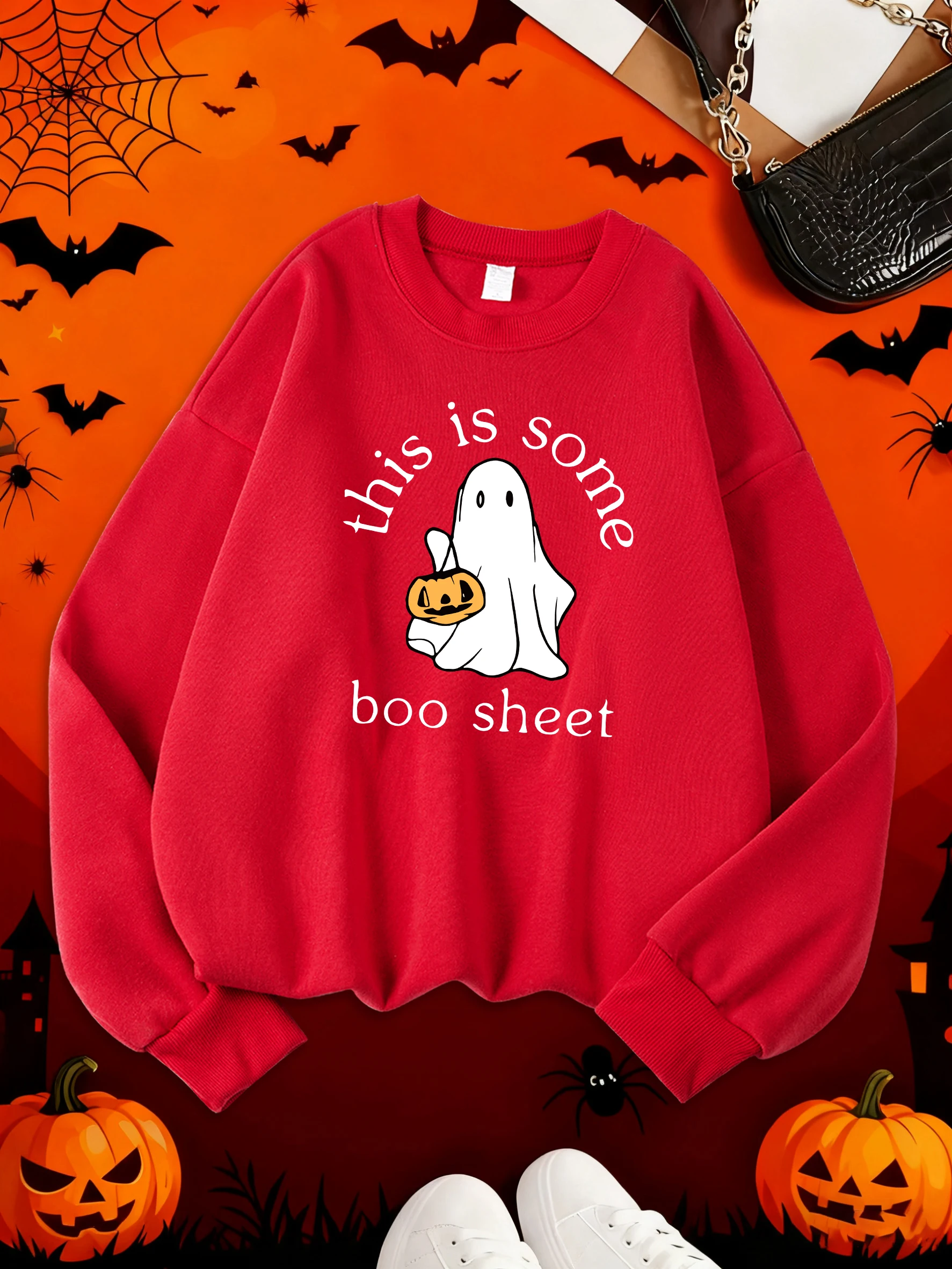 Happy Halloween Ghost Printing Woman'S Fleece Tops Autumn Winter Casual Sweatshirts Street Loose Hoodies Sports Comfy Clothing