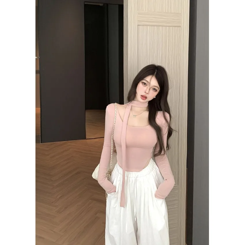 قميص نسائي بأكمام طويلة على الطراز الكوري، تصميم جديد للخريف برقبة على شكل حرف U مع حزام، بلوزة نحيفة بخصر مرتفع وحزام، ملابس... #2