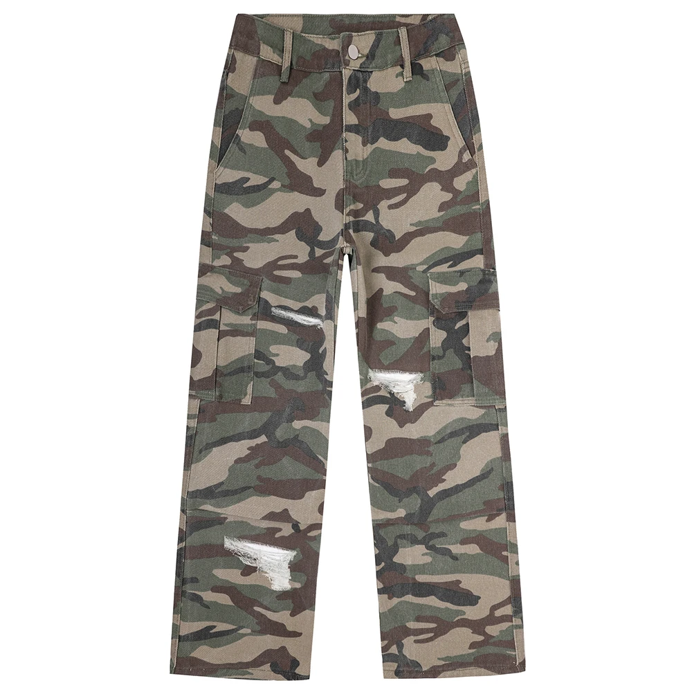 Men Camouflage Print Jeans Camo Pattern Multi Pockets Cargo Pants Holes Ripped Loose Straight Denim Trousers