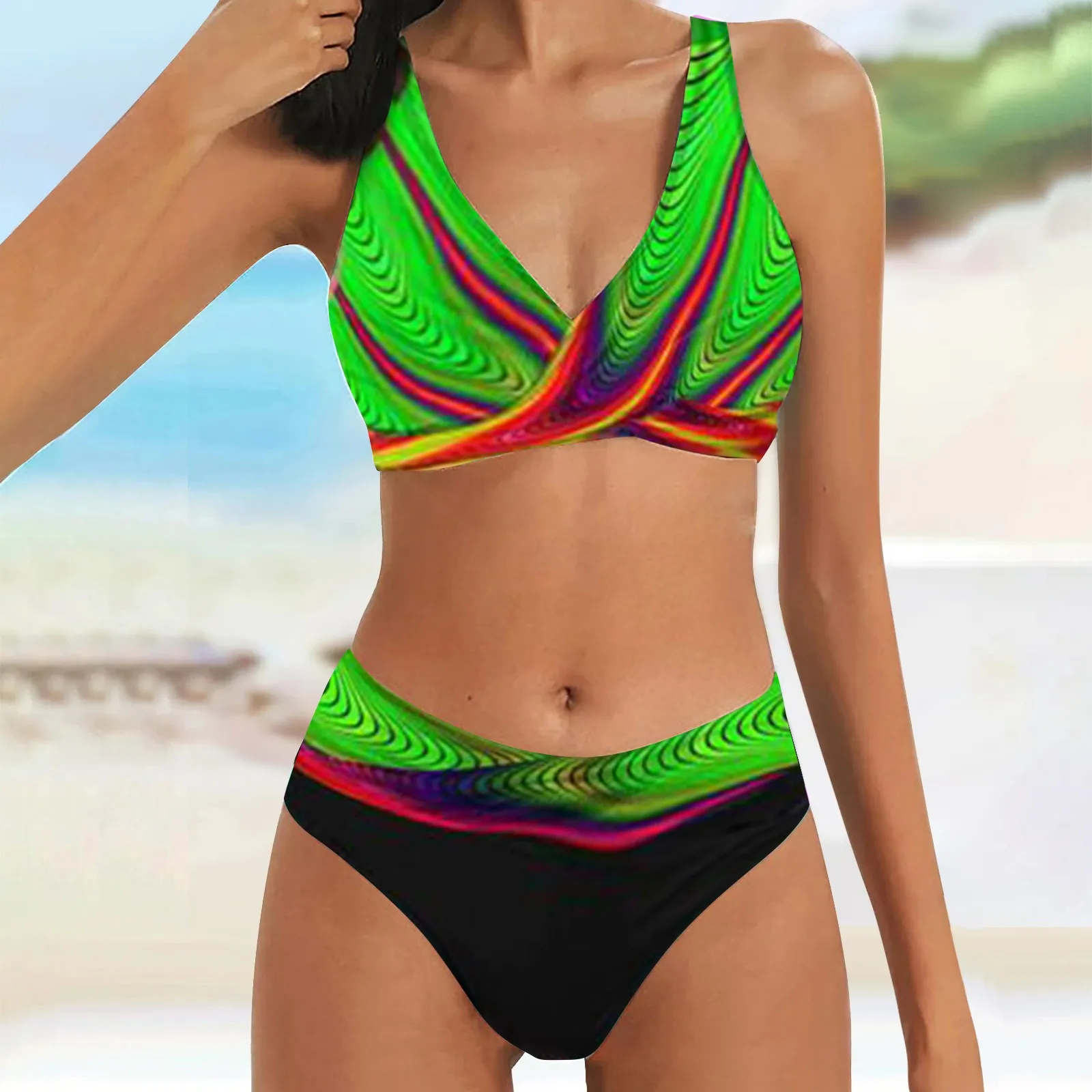 Sexy conjunto de duas peças com cintura alta e v pescoço para as mulheres, maiô com bloco de cores, colar halter, roupas de praia