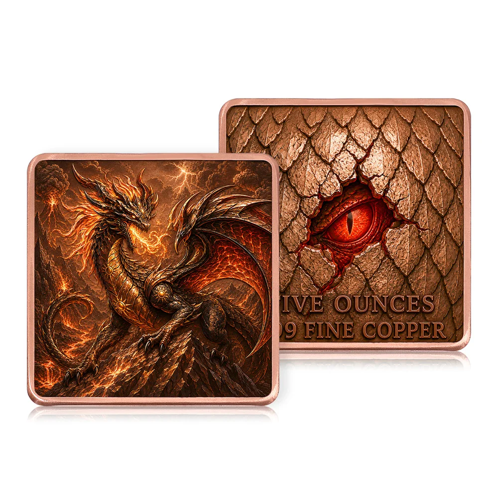 5 OZ .999 Fine Square Copper Bar High Relief Lava Fire Dragon Volcano Lightning Fantasy Collectible Bullion Desktop Gift