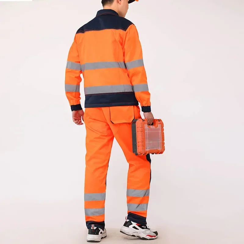 High Visibility Work Wear Set Men Reflective Safety Jacket+cargo Pant Clothing Workwear Orange Multi Pockets Resistant Suit New