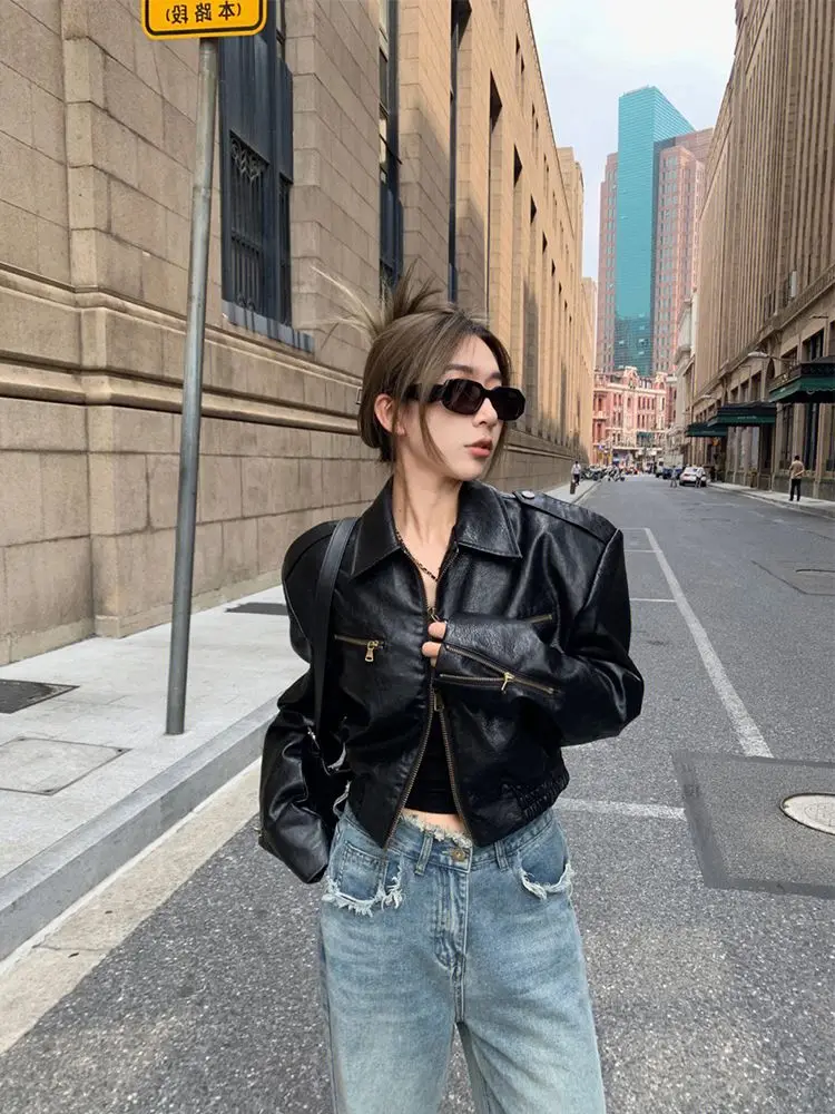 

Women Leather Jacket Autumn Coat Vintage Motorcycle Jackets Y2k Mustang Coats Harajuku Black Goth Outfits 2000s Winter Outerwear