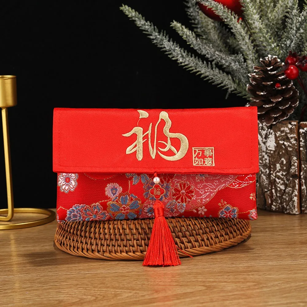 

Карман для денег с несколькими узорами, дизайн замка долголетия, кисточка, новогодняя сумка для благословения, гонбоо, парча с вышивкой, красный конверт