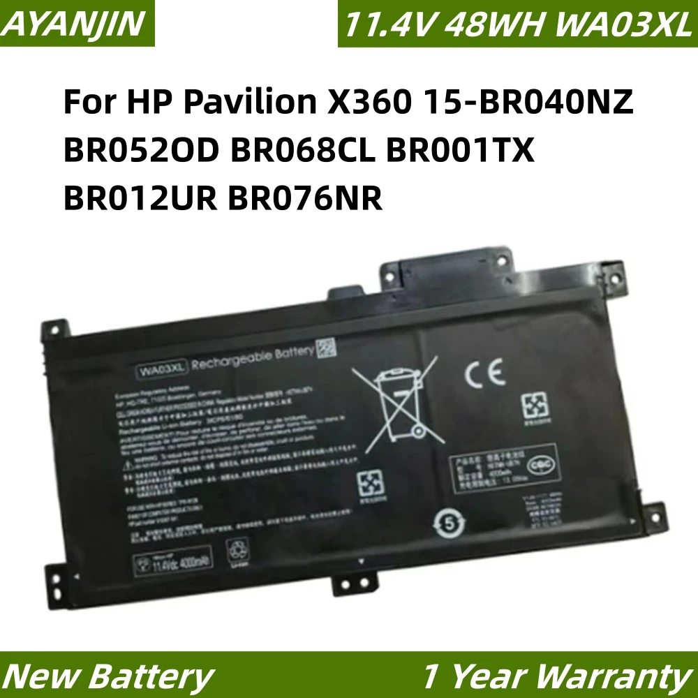 11.4V 48WH WA03XL HSTNN-UB7H HSTNN-LB7T Laptop Battery For HP Pavilion X360 15-BR040NZ BR052OD BR068CL BR001TX BR012UR BR076NR