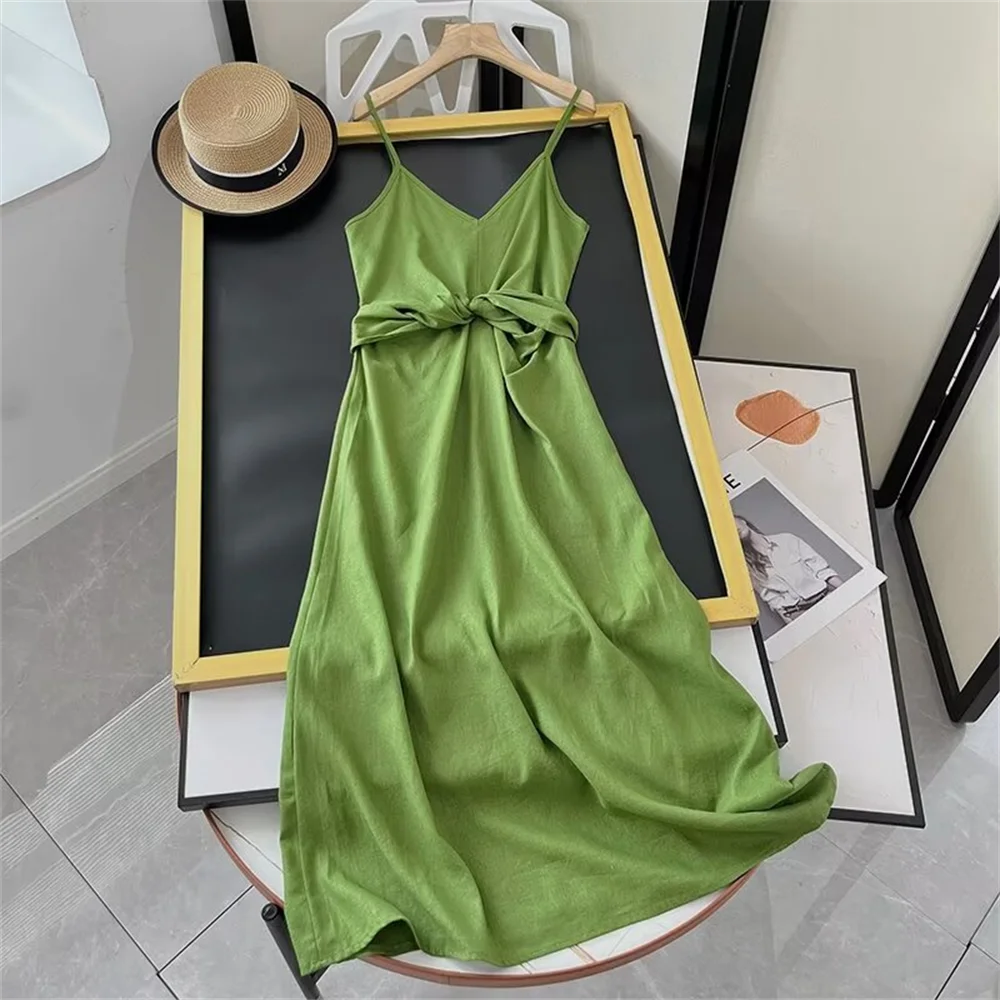 Cos Lris 2024 Summer Women\'s French Resort Style Slim Suspender V-Neck Sleeveless Green Dress Long Skirt