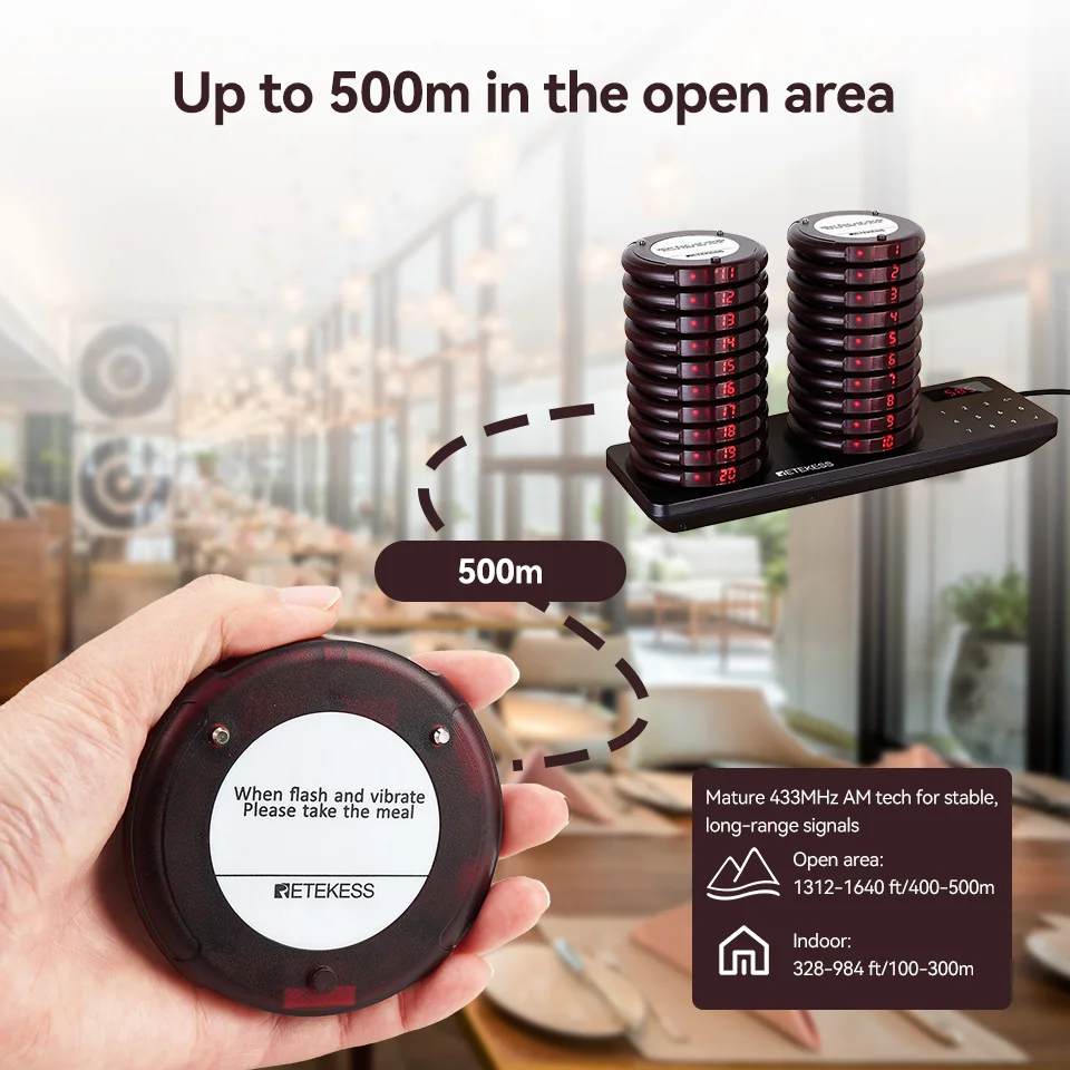 RETEKESS TD163 Restaurant Pager Wireless Calling System with Space-Saving Low Battery Alert Vibrating Beeper for Food Truck Cafe