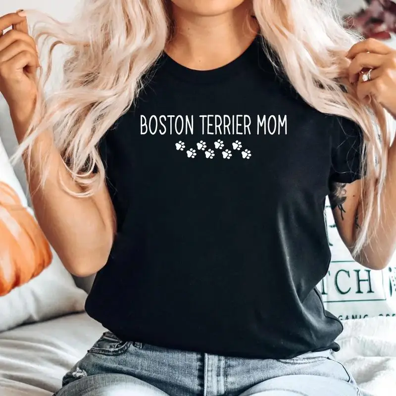 

Women's Boston Terrier Mom T-Shirt | Paw Print Dog Lover Graphic Tee | Mother's Day Puppy Owner Gift Top