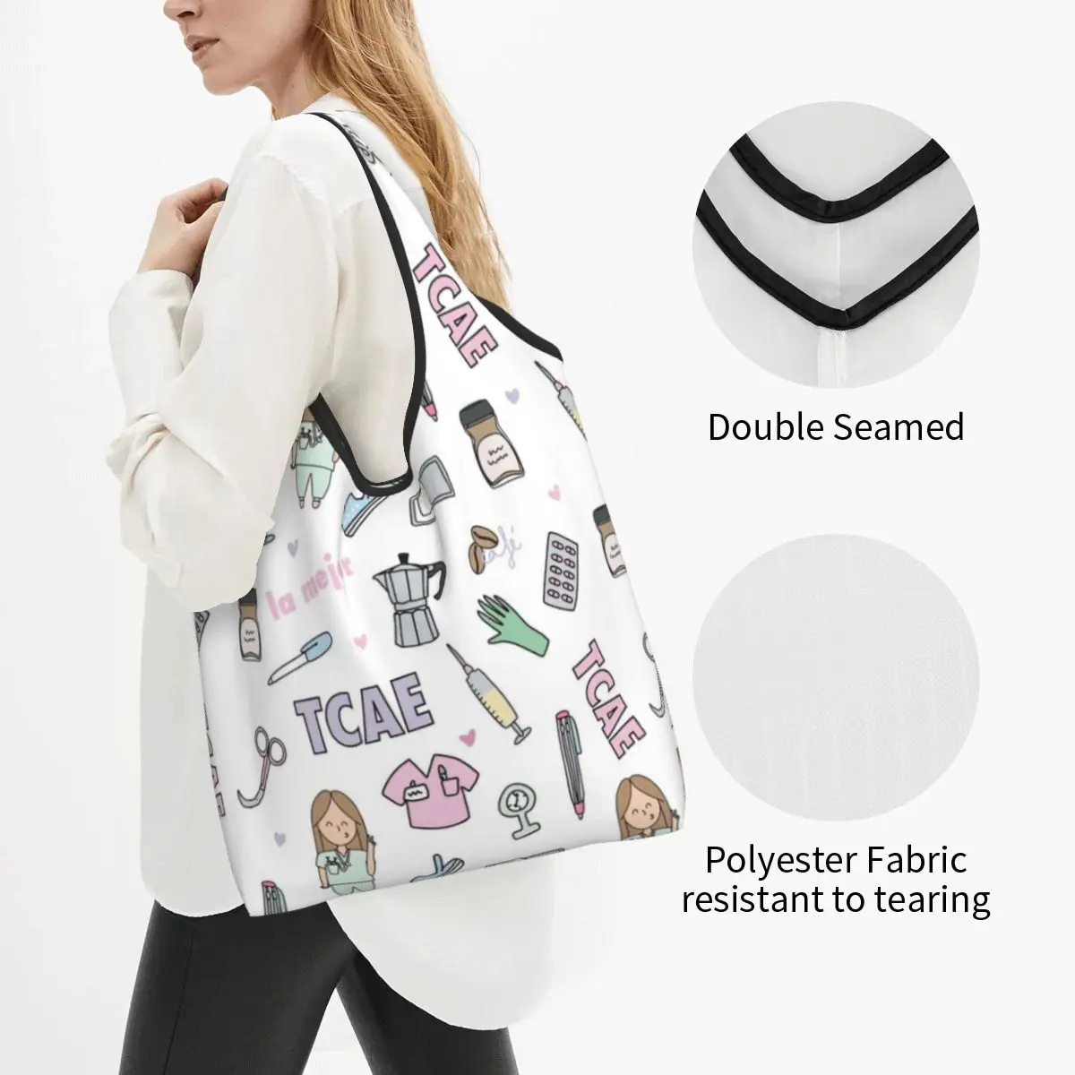 Reusable Enfermera En Apuros Nurse Medical Doctor Shopping Bag for Groceries Foldable Grocery Bags Washable Large Tote Bags