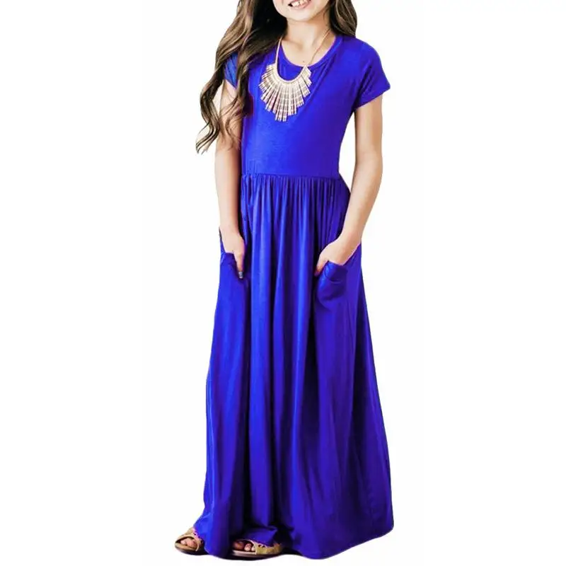 Sommer Mädchen Neue Einfarbig Kurzarm Langes Kleid Strand Party Geburtstag Casual Mode Zeigen Vielseitig A-Line Kleid – Detail 9