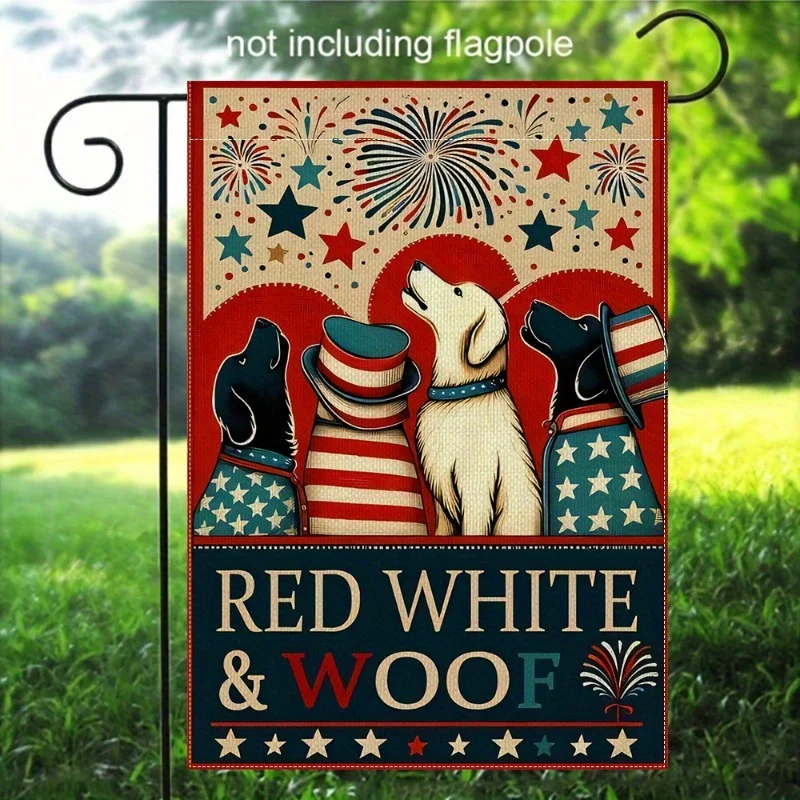 

2D Flat 1PC 4th of July Patriotic Dog Garden Flag 12x18 Inch Double Sided Linen Outdoor Decor No Flagpole