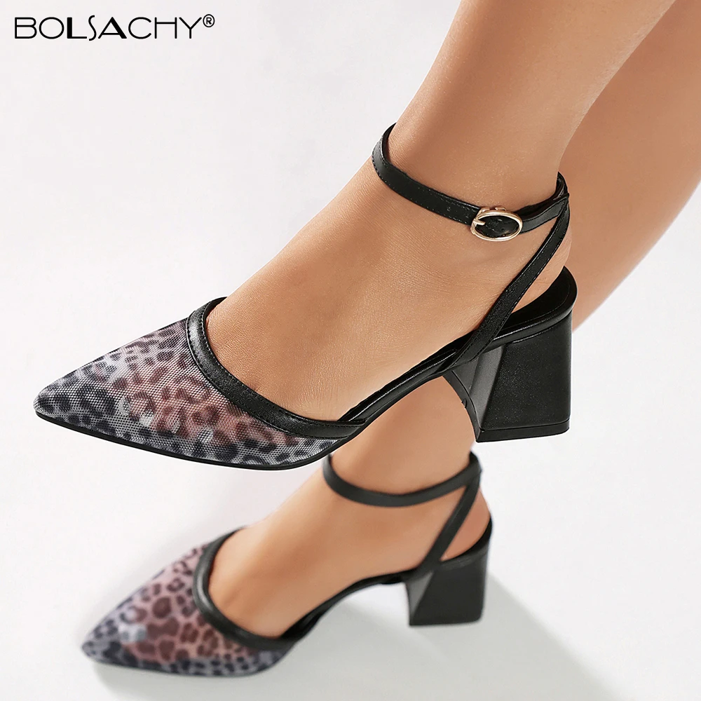 2026 Summer Leopard Mesh Sandals Women Pointed Toe chunky heel Shoes Brown Large Size Fashion Woman High Heels Free Ship