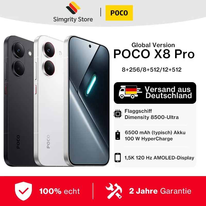 Version internationale POCO X8 Pro Smartphone équipé d'un processeur Dimensity 8500-Ultra, écran de 6,59 pouces (1,5K, 120 Hz), batterie de 6 500 mAh (typ.) et recharge HyperCharge 100 W