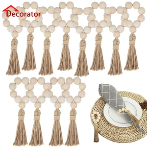 خواتم منديل خشبية مع شرابات ، أبازيم بوهو منسوجة يدويا لعيد الميلاد ، مزرعة ، زفاف ، زخرفة طاولة المنزل أفضل 10 مبيعات حامل مناديل عيد الميلاد - No7