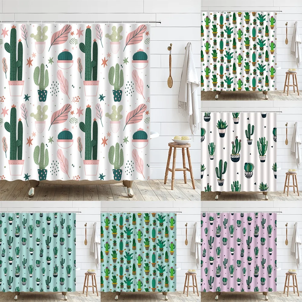 Potted Plant Shower Curtain Greenhouse Watercolor Tropical Green Succulents Botanical Boho Floral Cactus Garden Bathroom Curtain