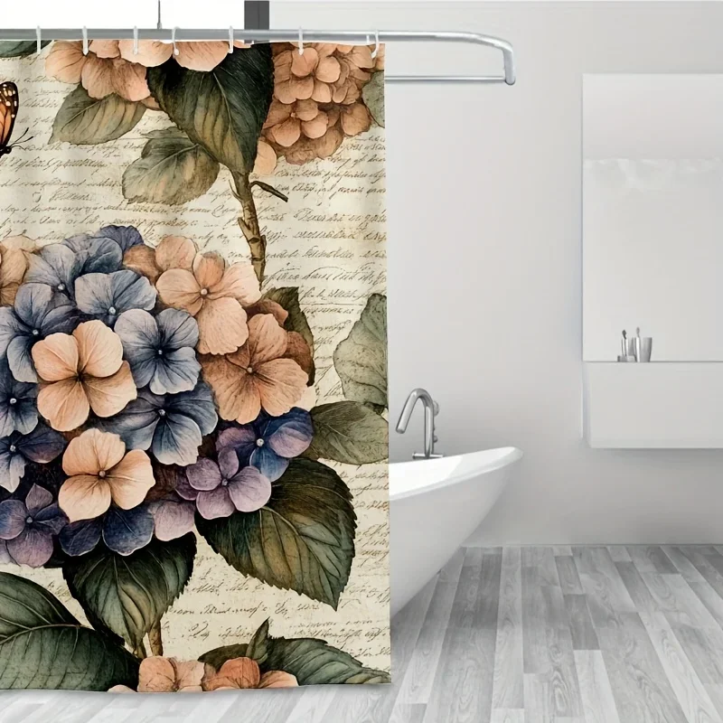 ~O~1pc Vintage Hydrangea Shower Curtain - Pastel Colors, 71x71 Inch, Polyester, 12 Hooks, Hand Wash, Bathroom Decor