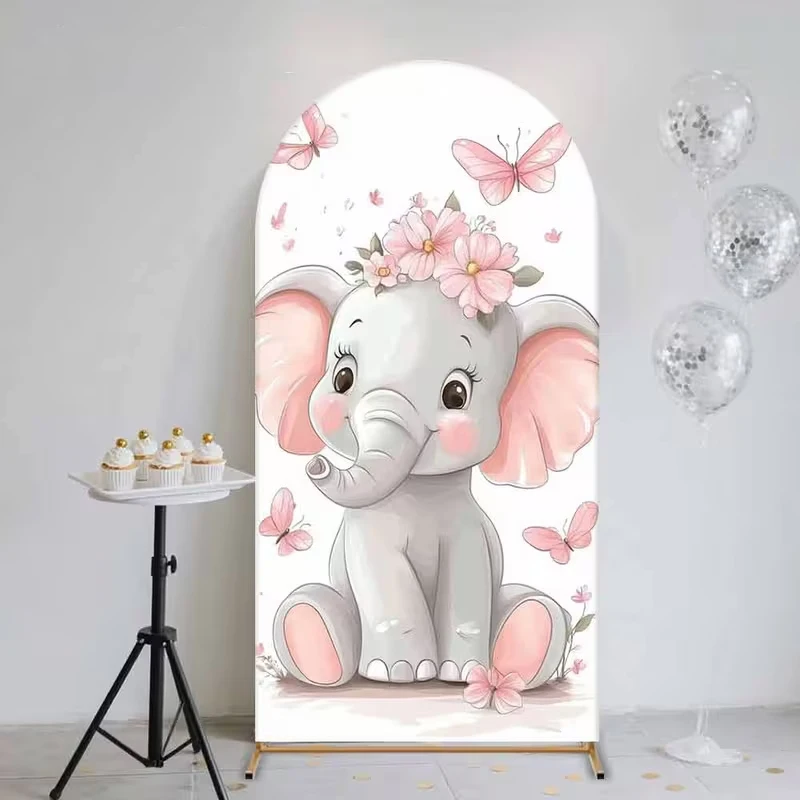 

LS Custom 2-Sided Cute Elephant Butterfly Girls Birthday Party Baby Shower Covers Chiara Arch Background Decor Backdrop Photo