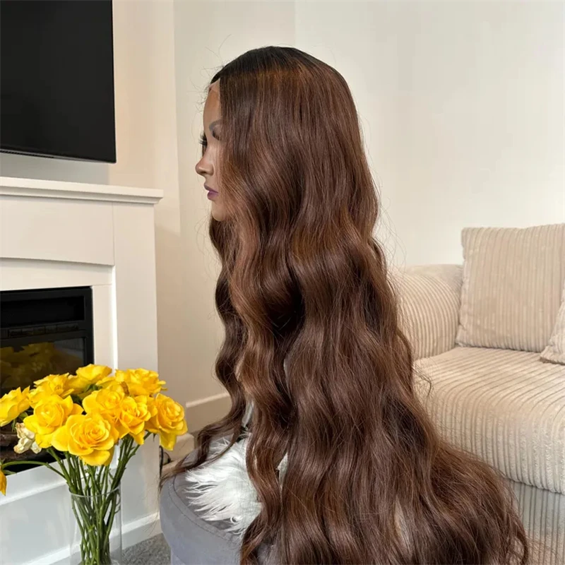 Ombre Chocolate Brown Long Water Wave Lace Front Wig Heat Resistant Fiber Hair Wig Glueless Synthetic Wig 36 Inche Cospaly/Daily