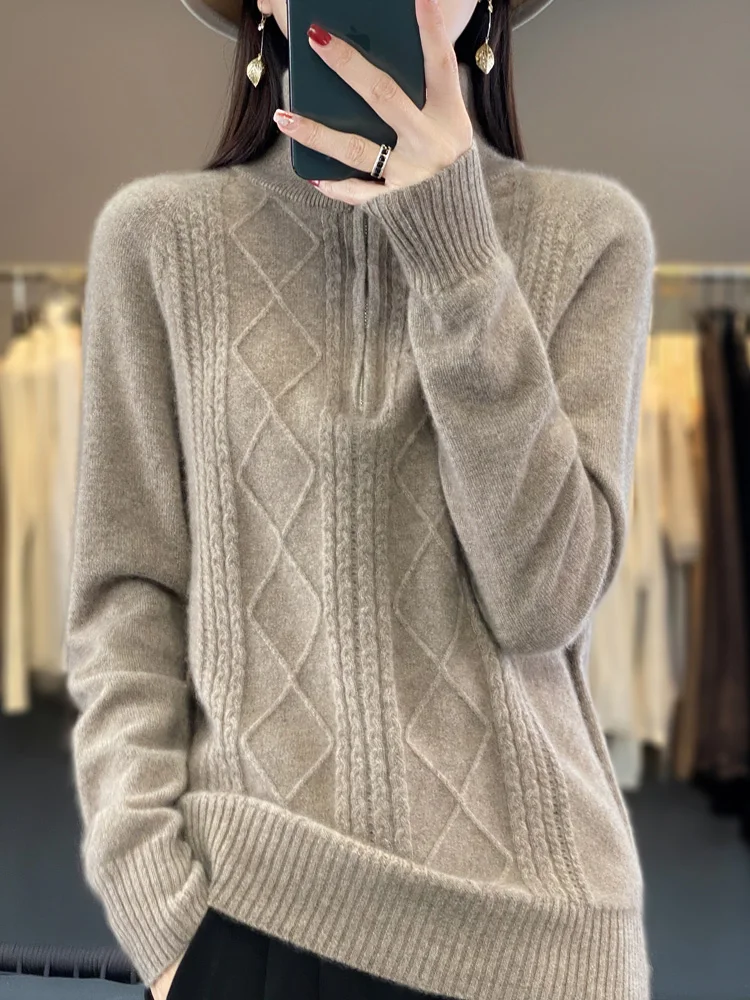 Autumn Winter  Women Zipper Pullover Turn-Down Collar Thick Cashmere Sweater 100% Merino Wool Knitwear Rhombus Knitting  New Top