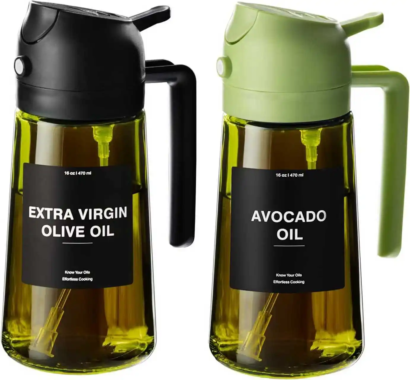Olijfoliedispenser, sproeier voor koken 2 in 1 spray en giet, donkergroene glazen oliefles met stickers, 16oz/470ml oliespuit