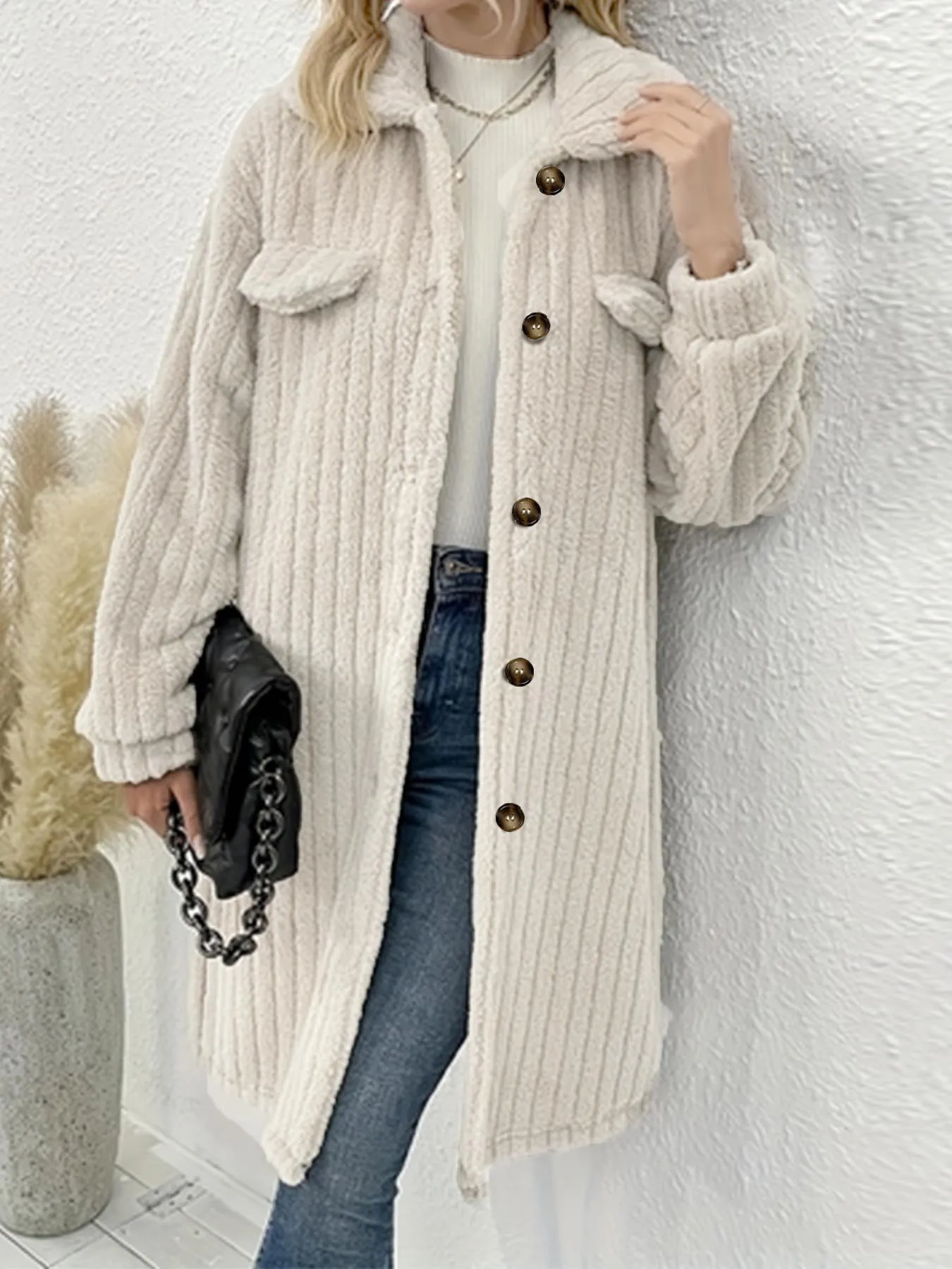 

【Plus Size】 Solid Button Front Drop Shoulder Fuzzy Coat, Casual Long Sleeve Collared Outerwear for Fall & Winter, Women's Clothe