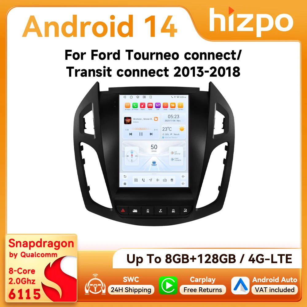 Autoradio Android Hizpo da 9.7 Pollici per Ford Transit Tourneo Connect 2013-2018, Schermo Stile Tesla, GPS, CarPlay, 360 ° CAM Snapdragon 6115