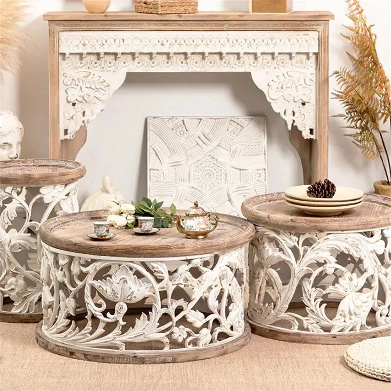 

Креативные современные круглые журнальные столики из цельного дерева, креативные резные журнальные столики в стиле ретро, диван для проживания в семье, приставной столик, мебель для гостиной