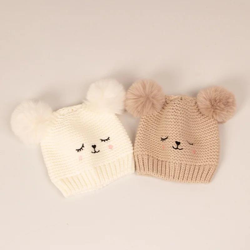 Autumn Winter Baby Warm Knitted Hats With Pom Infant Soft Cozy Beanie Cute Solid Cartoon Print Bonnets Boys Girls Accessories