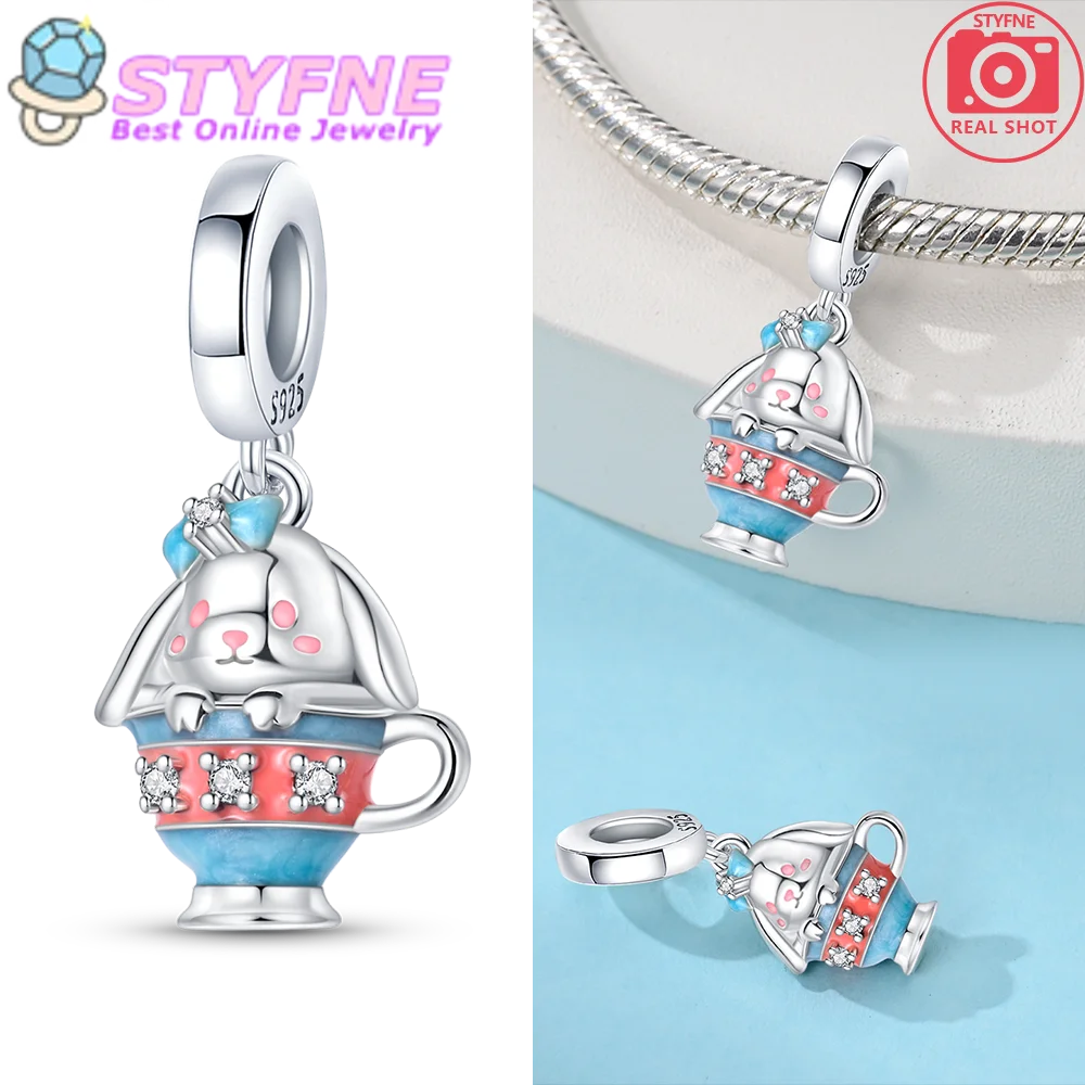 Exquisite 925 Sterling Silver Blue Bow Tea Cup Rabbit Charm Fit DIY Bracelet Necklace Women's Sfternoon Tea Accessories