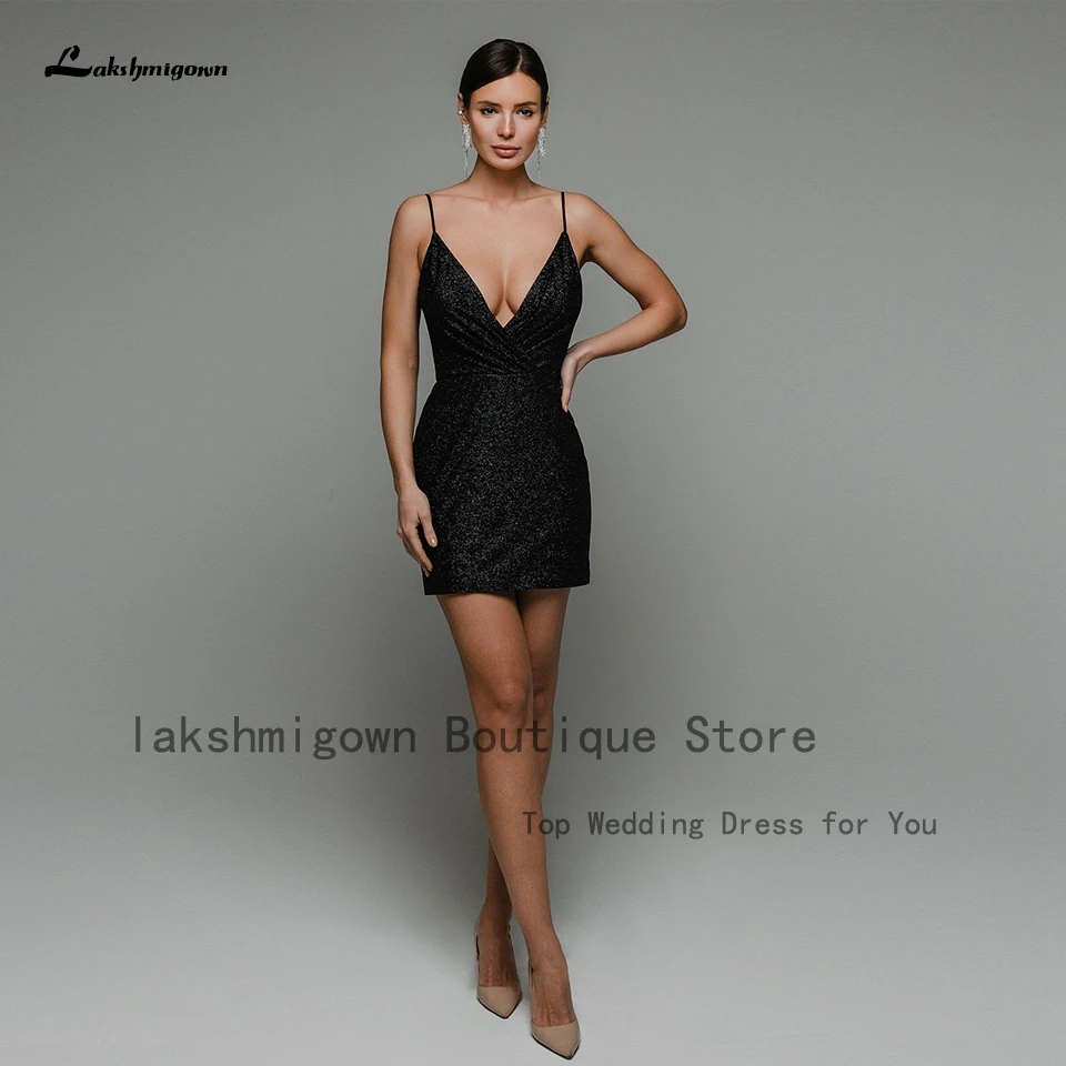 

Sexy Bridal Black Short Wedding Dress Spaghetti Straps 2022 Vestidos V neck Cocktail Reception Party Dress Open Back