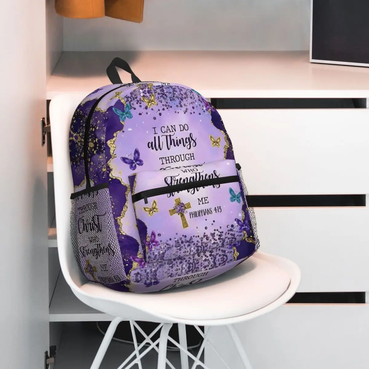 Bible Verse Butterfly Floral Things Through Christ Who Strengthens Me Backpack Student BookBag School Bag Shoulder Bags