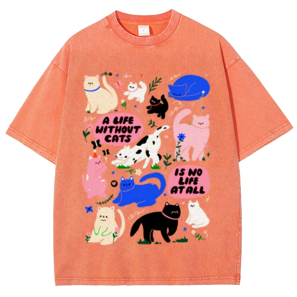 Kawaii Cat Print y2k Shirt Women Graphic Clothing Unisex Retro Shirt Funny Vintage Washed t-Shirt Top Tees