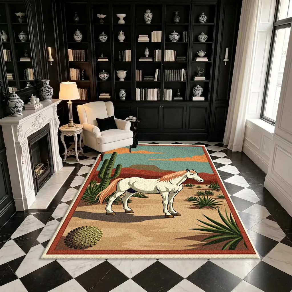 Vintage Western Desert Horse Cactus Rug Floor Tile Vintage Southwest Style Printed Square Carpet Suitable for Home Art Decoration