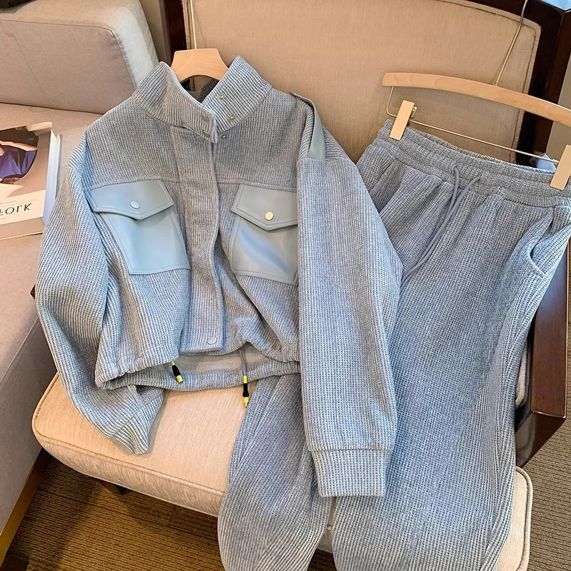 

Fashion Set Women Casual Sports Suits Spring Autumn Trendy Fried Street Short Jacket and Loose Trousers Two Piece Set Sportswear