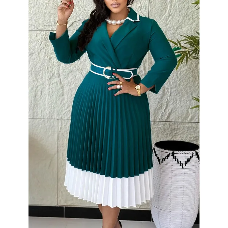 

Green African Full Sleeve Notched Neck High Waist Pleated Mid Dress with Belt Women Office Evening Guest Gowns Robe