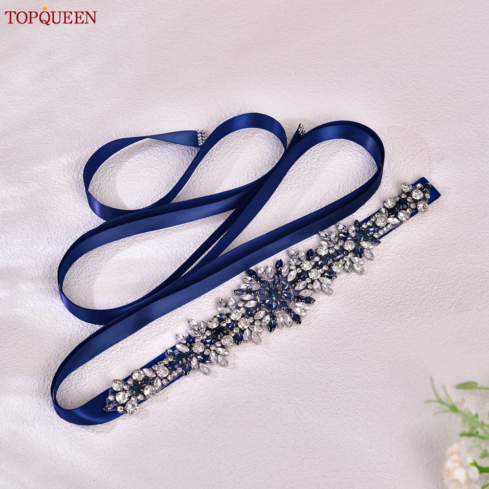 TOPQUEEN كلاسيكي الأزرق الداكن حزام ملابس حزام الزفاف الماس والمجوهرات التصحيح وصيفه الشرف التعادل حزام فستان الزفاف الخصر الديكور S319