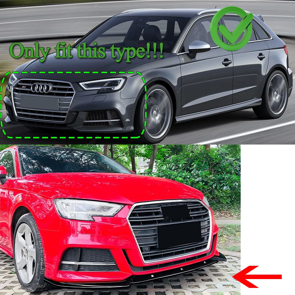 아우디 S3 A3 스포트백 8V FL S-line 2016-2020 바디킷 튜닝용 3피스 프론트 범퍼 립 스포일러 스플리터 디퓨저 (ABS 글로스 블랙) 썸네일 2