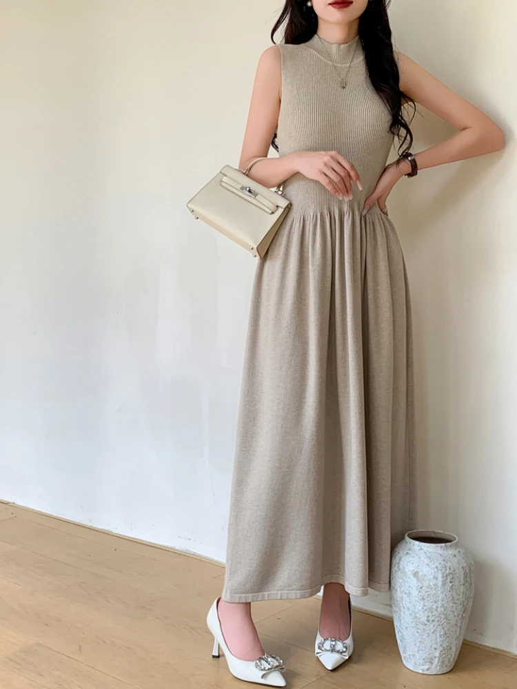Vintage Casual Patchwork Sexy Dress Women Commute O-neck Sleeveless A-line Knitting Female Dresses Autumn 2024 Lady Robe Vestido image 5
