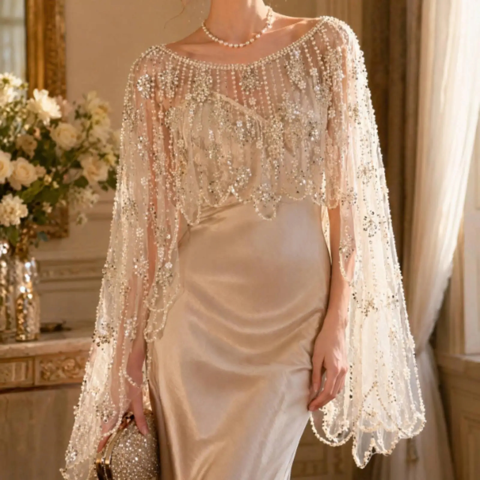 Ladies Sheer Mesh Floral Capelet with Sequins Beads for Wedding Party Outerwear Cover Up