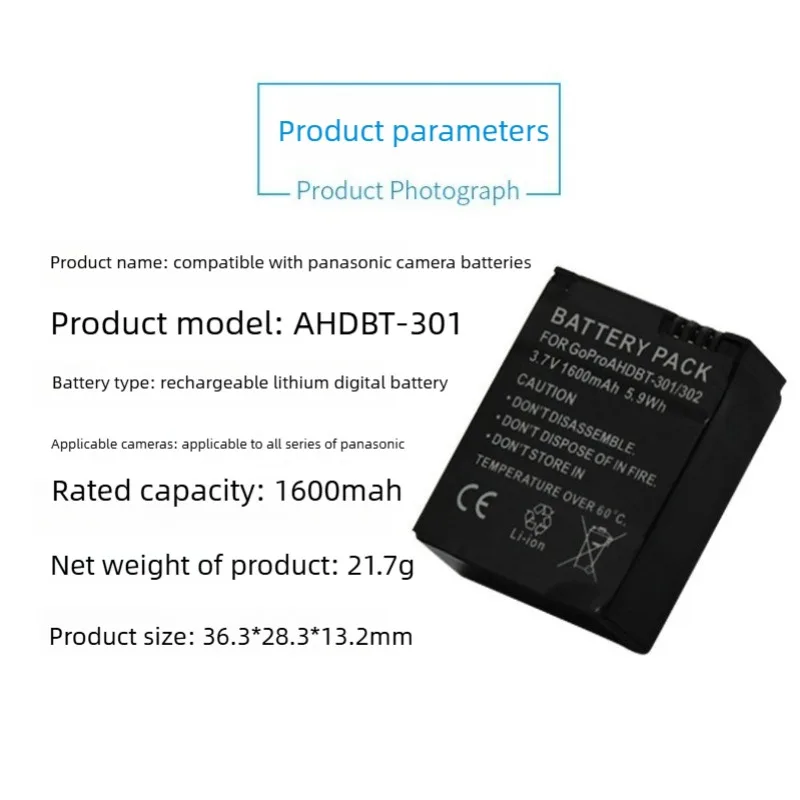 2 Pcs 3.7V 1600mAh/5.9Wh AHDBT-301 AHDBT-302 Li-Ion Battery for GoPro Hero3 Hero 3+ Digital Camera Batteries