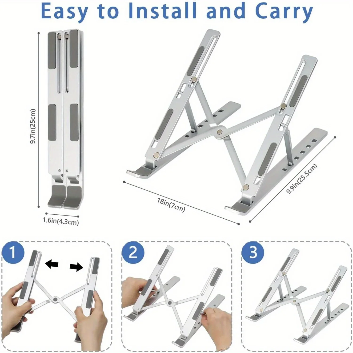 Adjustable Aluminum Laptop Stand - 6-Level Height, Foldable & Portable Design For 8-16” Laptops, Enhanced Ventilation & Heat