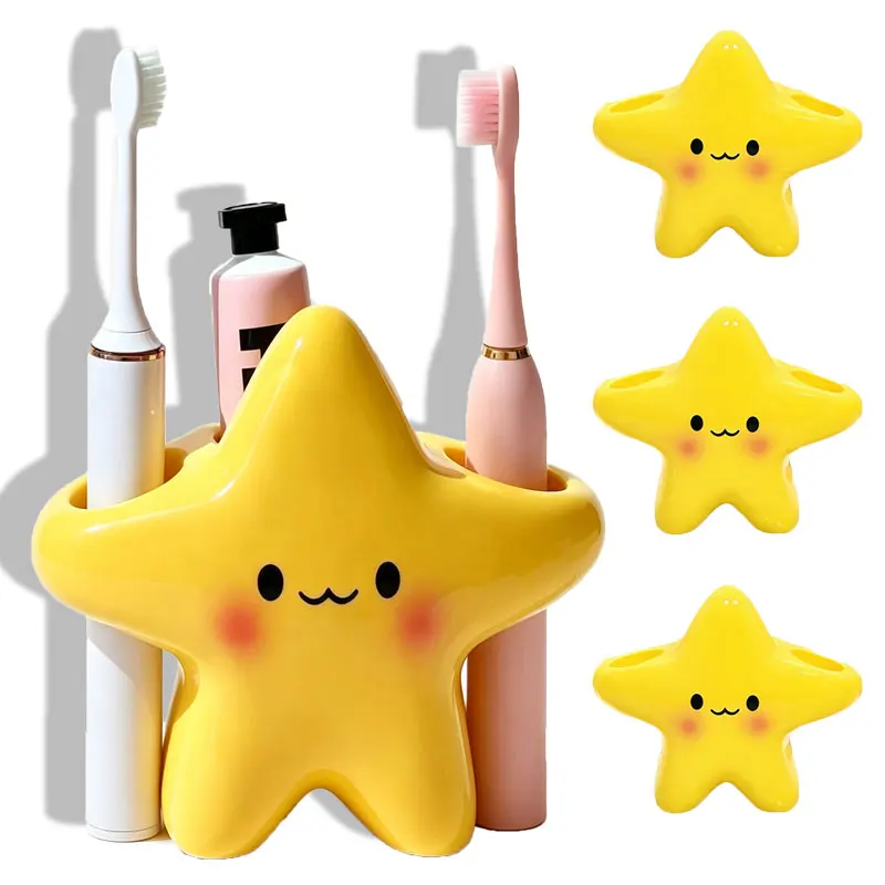 1/2/3pcs Cute Star-Shaped Toothbrush Holder Freestanding Bathroom with Cute Face Design, Toothbrush & Toothpaste Space-Saving