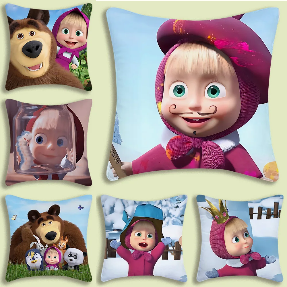 만화 M-Masha와 B-곰 베개 커버 만화 소파 장식 홈 양면 인쇄 짧은 플러시 귀여운 쿠션 커버