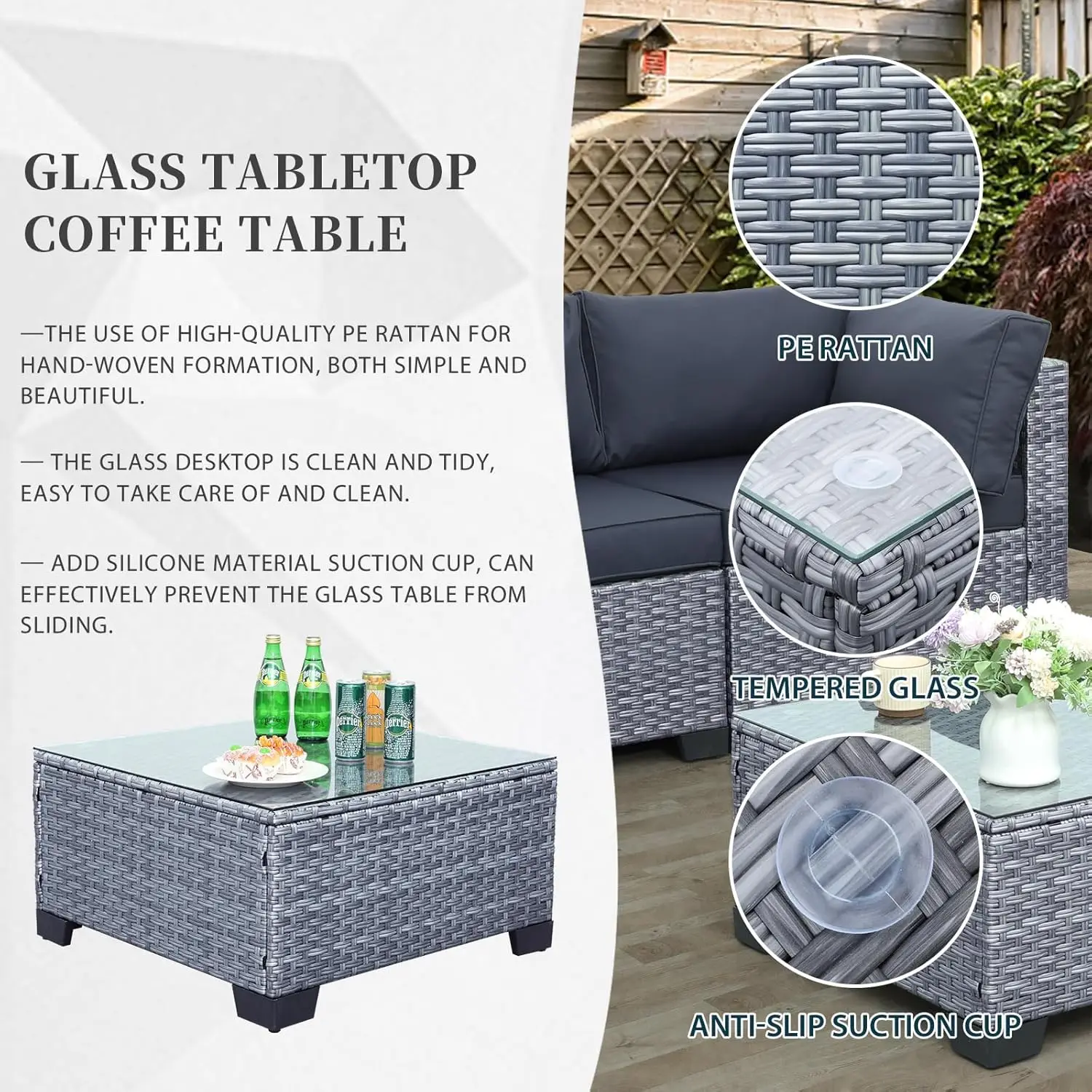 Sofa percakapan anyaman PE luar ruangan Set PatioFurniture 5 potong, Sofa dengan meja kopi dan bantal dapat dicuci