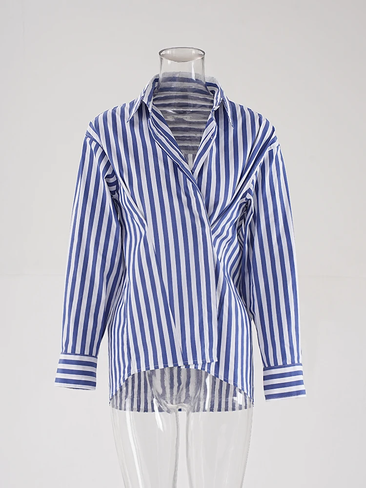 DEAT Fashion Women\'s Stripe Shirt Waist Retraction Single Breasted Contrast Color Casual Blouse Autumn 2024 New Tide CPDB221