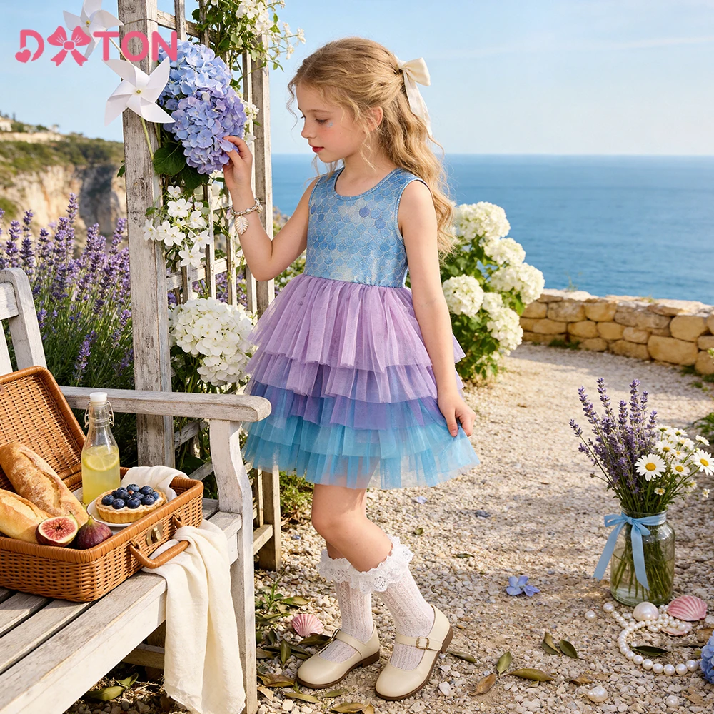 DXTON Prinzessinnen-Mädchenkleider, ärmellos, für Babys und Kleinkinder, Sommerkleid, Polyester, Patchwork, Netzstoff, Kinder-Tutu-Kleid, mehrlagig, Geburtstagskleidung