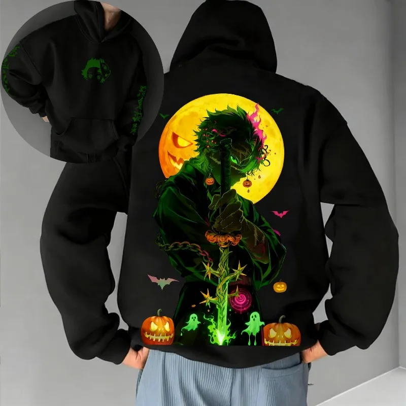 

Halloween Men's Autumn Winter Hoodies Japanese Anime Demon Slayer Design Graphics Clothing Oversized 100% Cotton Pullover Tops