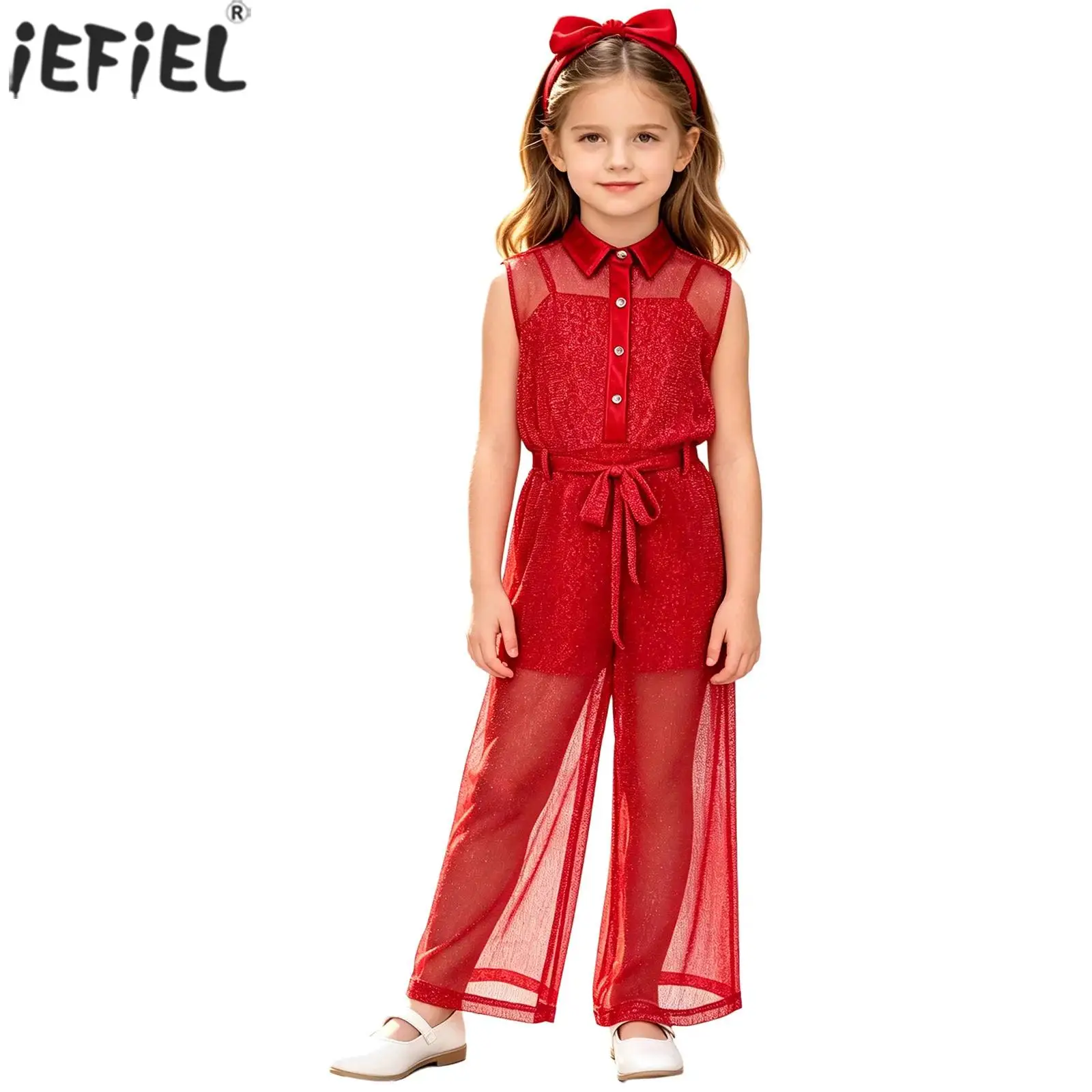 Kids Girls 2 Piece Outfits Sleeveless Shimmery Mesh Wide Leg Jumpsuit with Belt Metallic Bodysuit for Jazz Dance Pageant Party