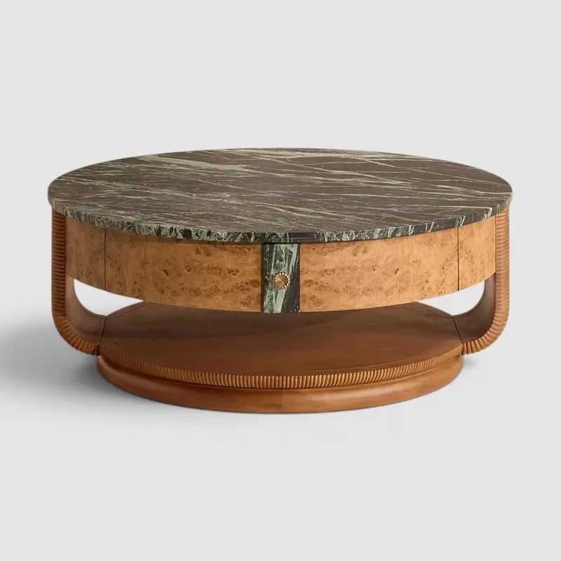 Round Green Marble Top Coffee Table with Walnut Base for Living Room Modern Minimalist Design Durable and Stylish Centerpiece