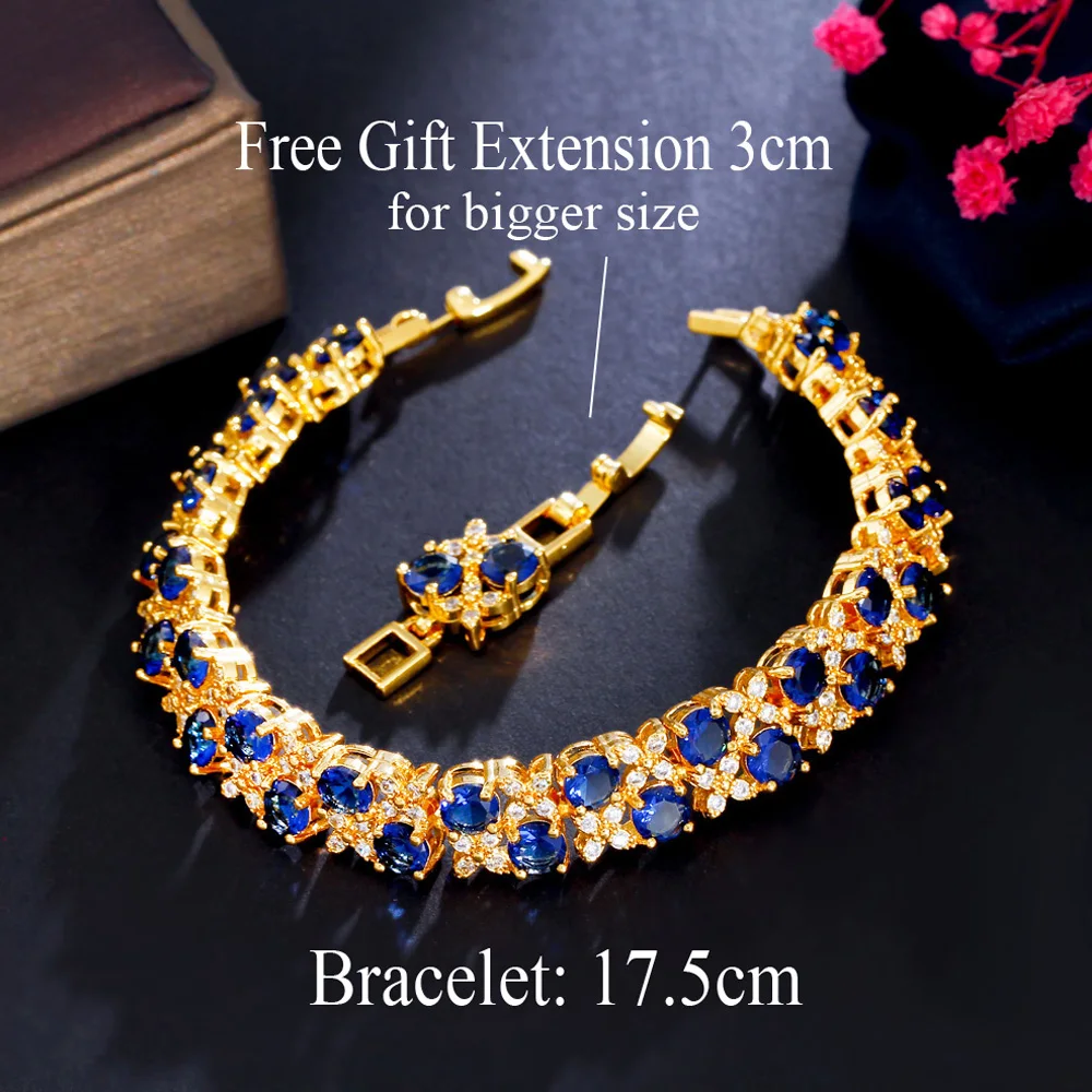 ThreeGraces Elegant Blue Cubic Zirconia Gold Color Luxurious Nigerian Dubai Wedding Prom Bracelet for Women Trendy Jewelry BR240